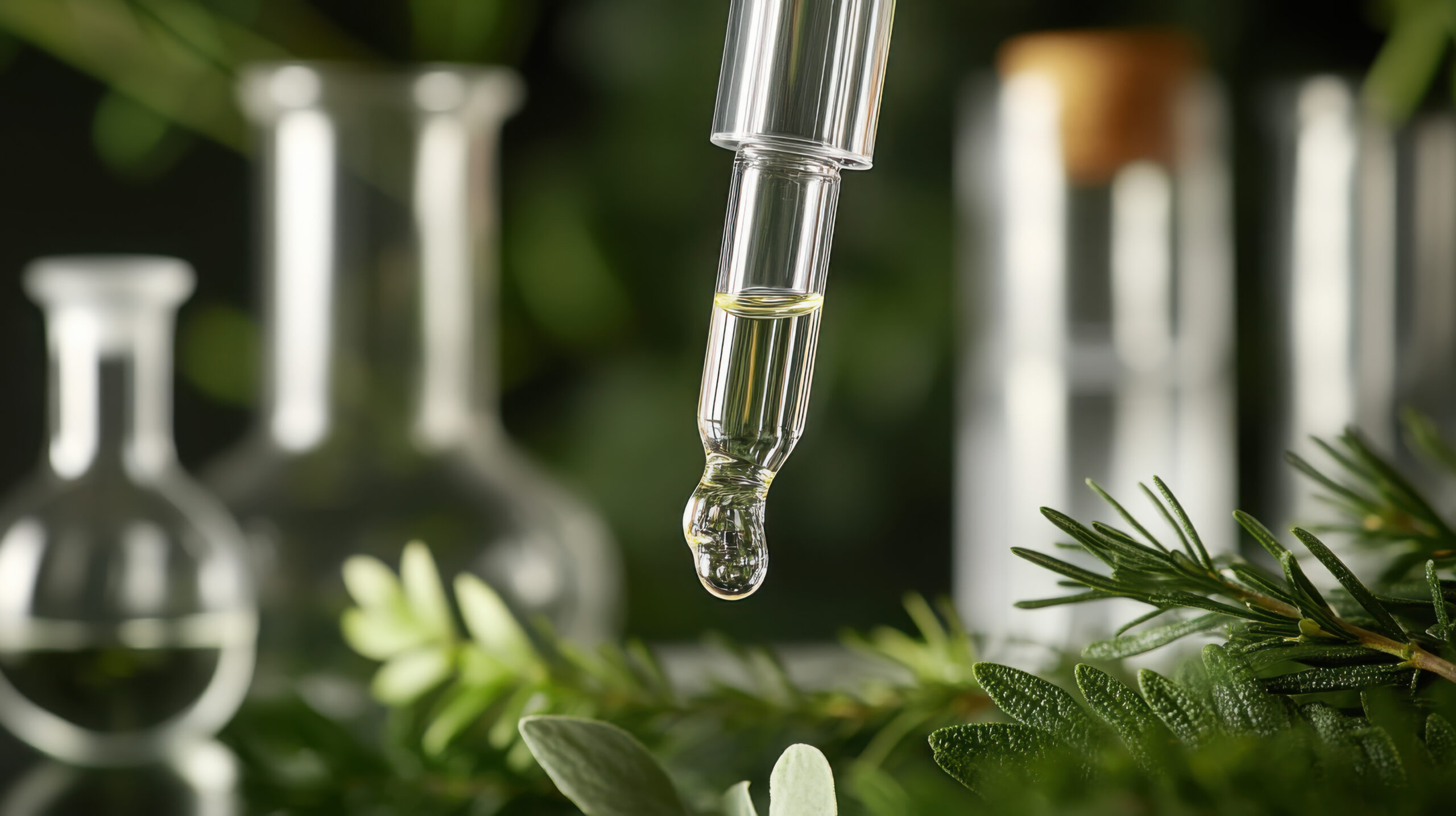 Retinol serum dropper with droplet on greenery background for skincare concept.